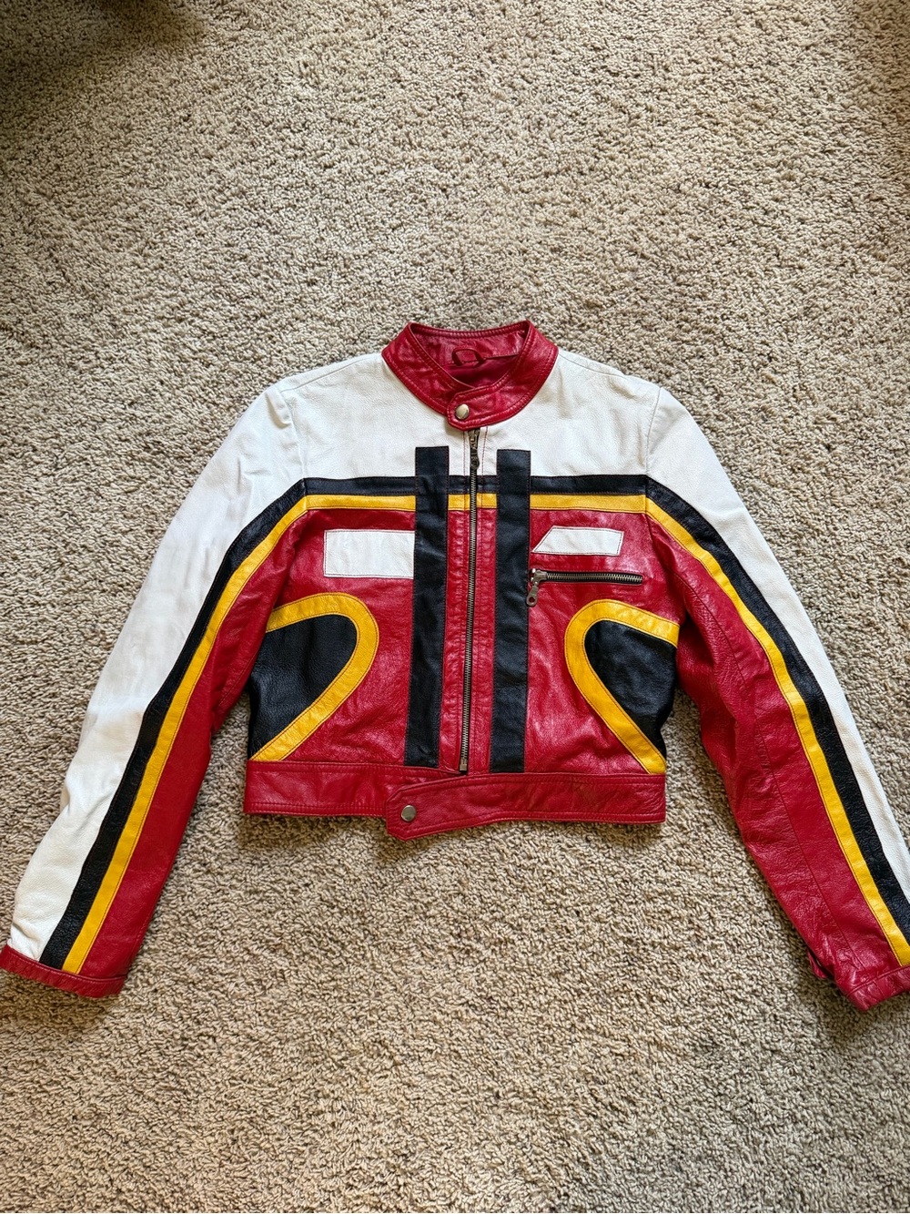 Women’s Red Colorblock Leather Racing Jacket